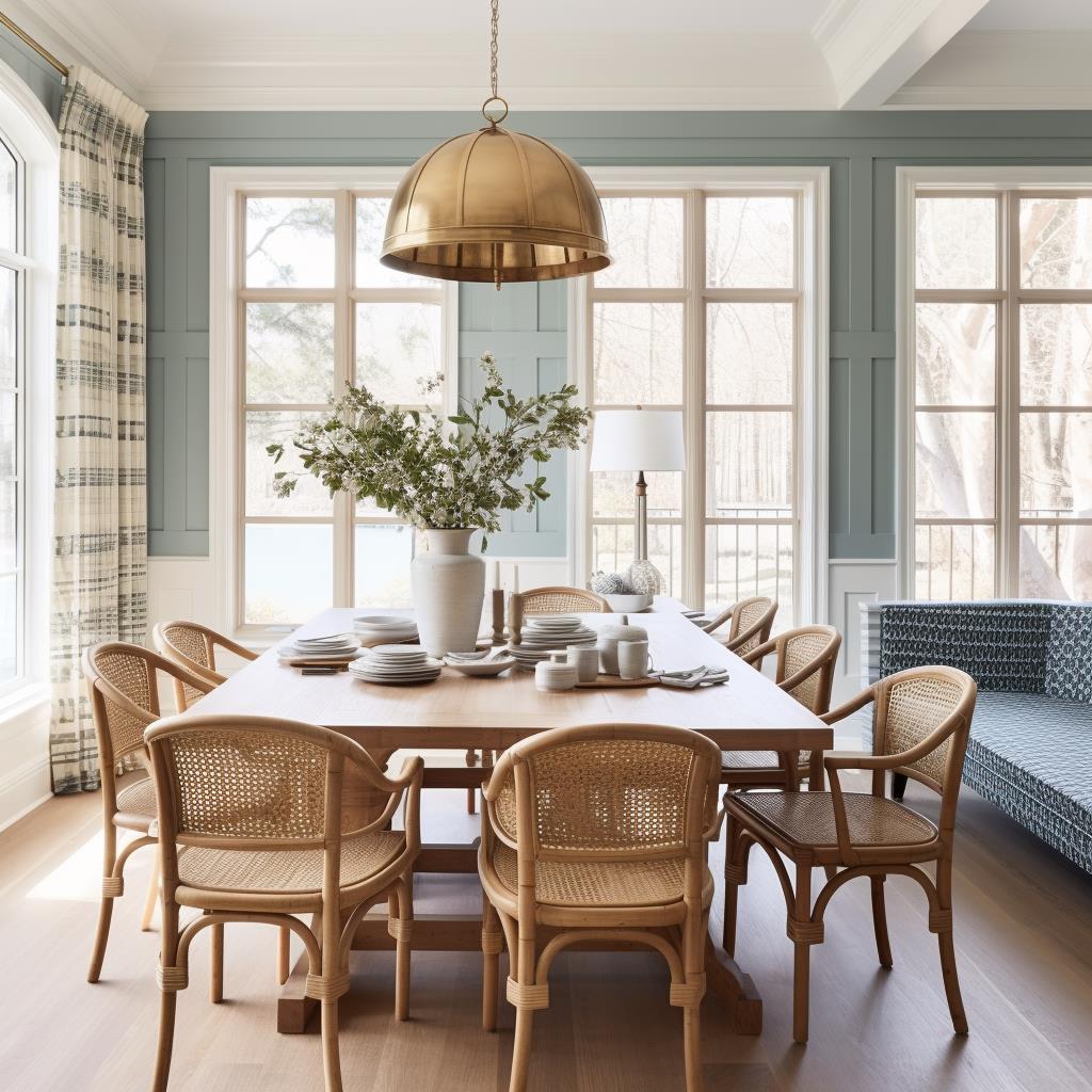 An elegant lake modern farmhouse blue dining room.