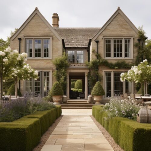 An exterior of a stone English country home.