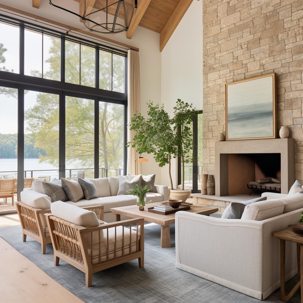 A lake modern farmhouse grand living room with a stone fireplace.