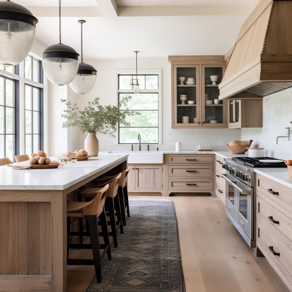 A lake modern farmhouse kitchen with natural wood rustic cabinets.