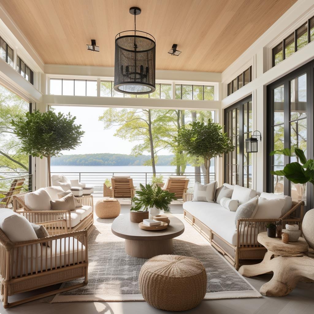 A lake modern farmhouse porch.