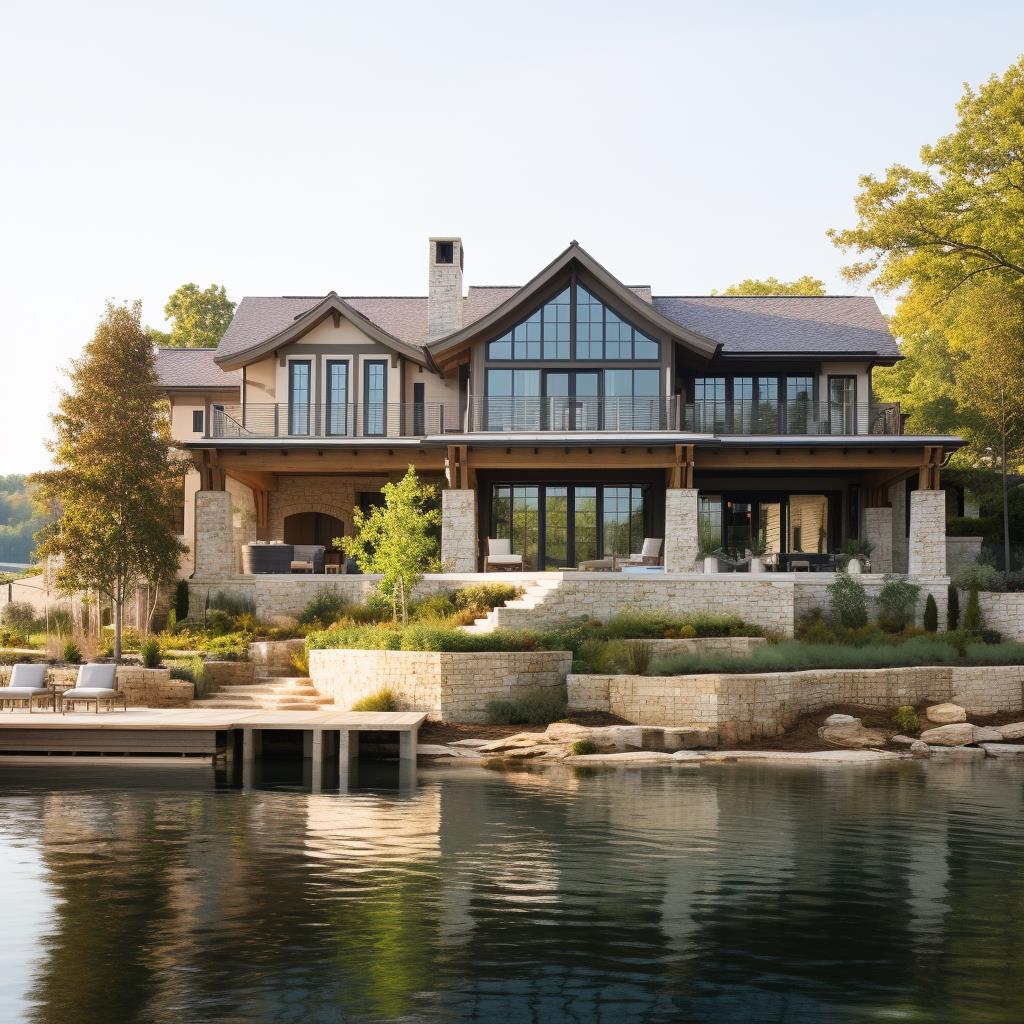 A rearview of a lake modern stone house.