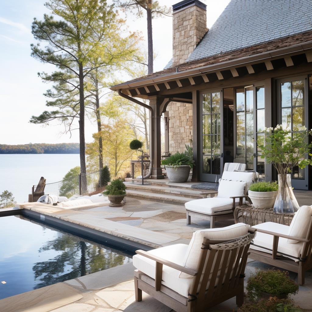 A lake modern stone house with pool and views.