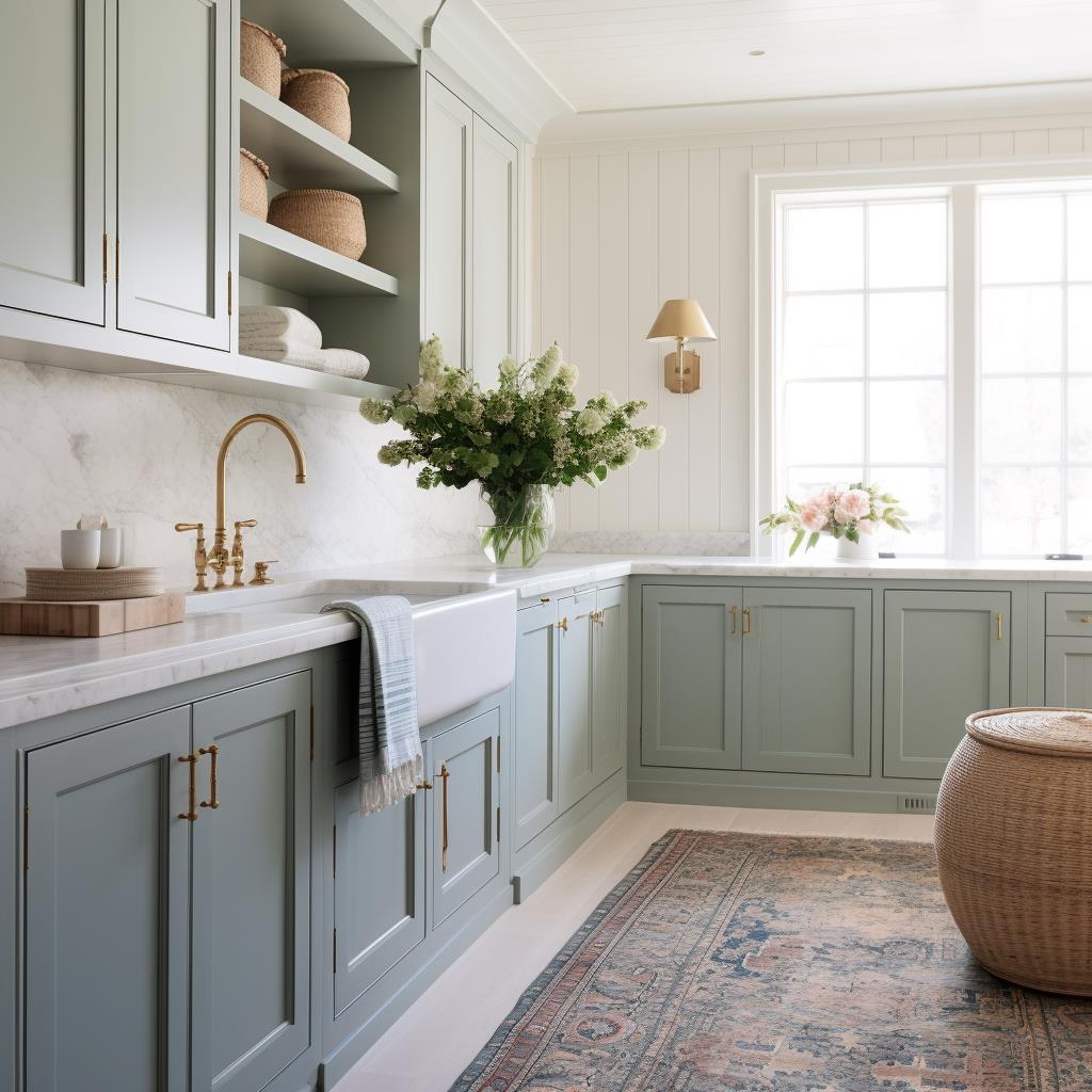 A stone blue modern farmhouse laundry room.