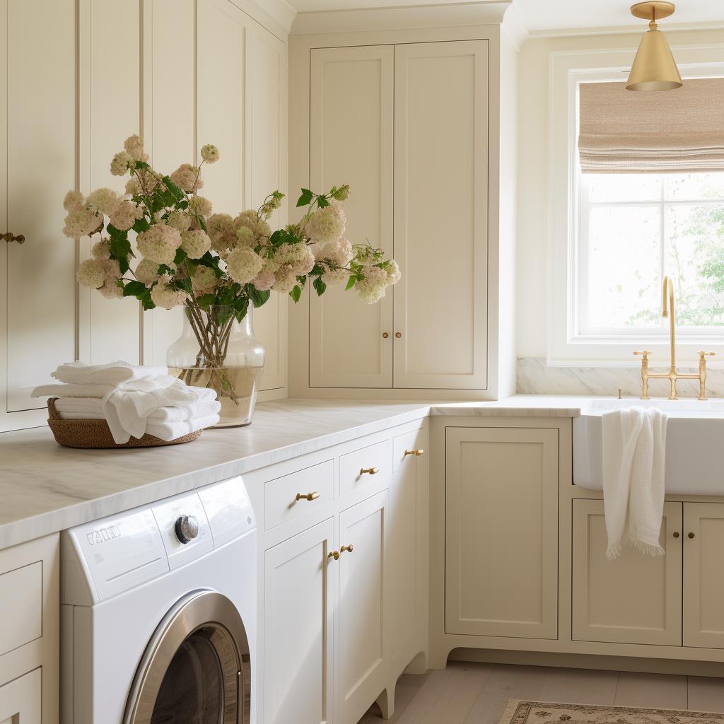 A charming cream modern farmhouse laundry room.