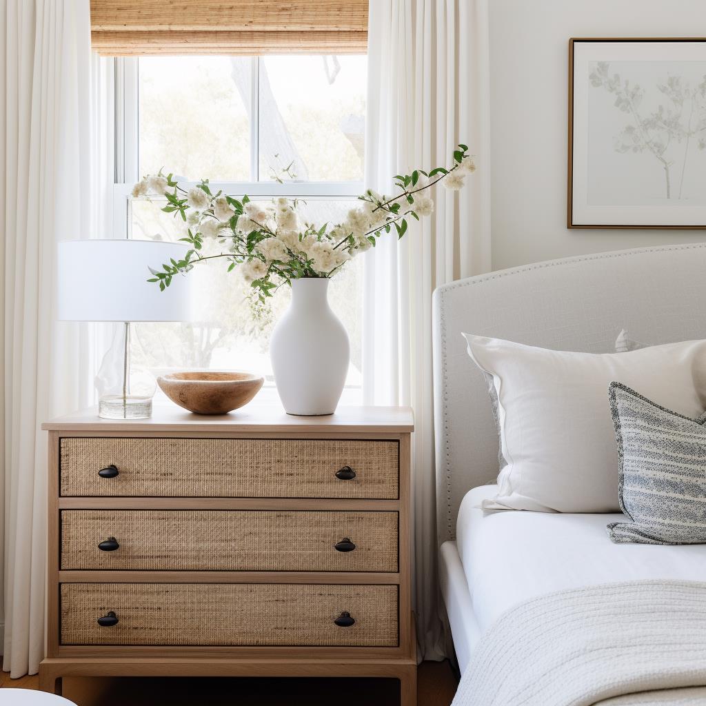 A coastal guest bedroom with nightstand.