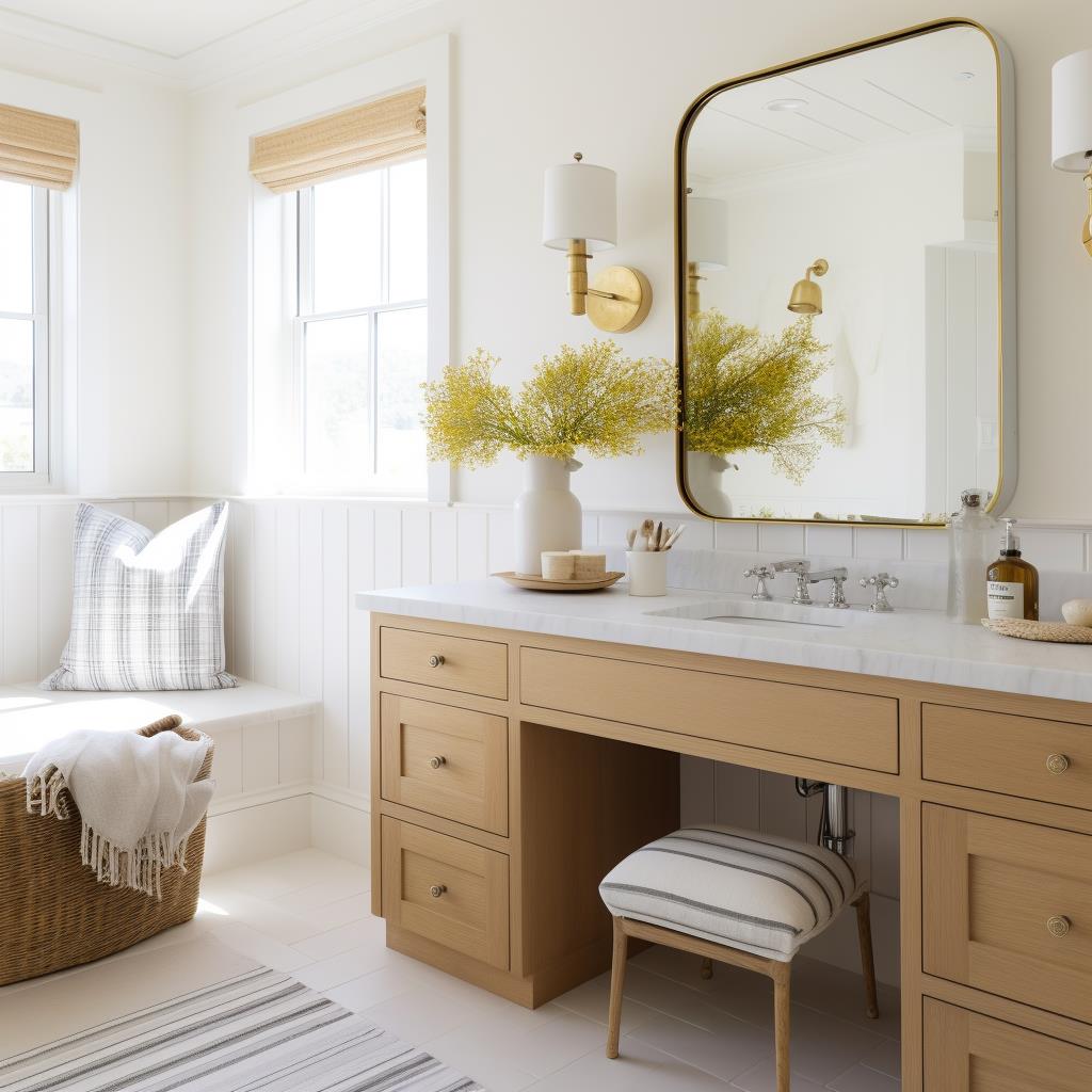 A coastal master bathroom with natural wood vanity.