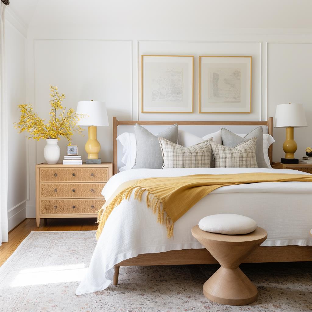 A coastal master bedroom with bed and light wood nightstand.