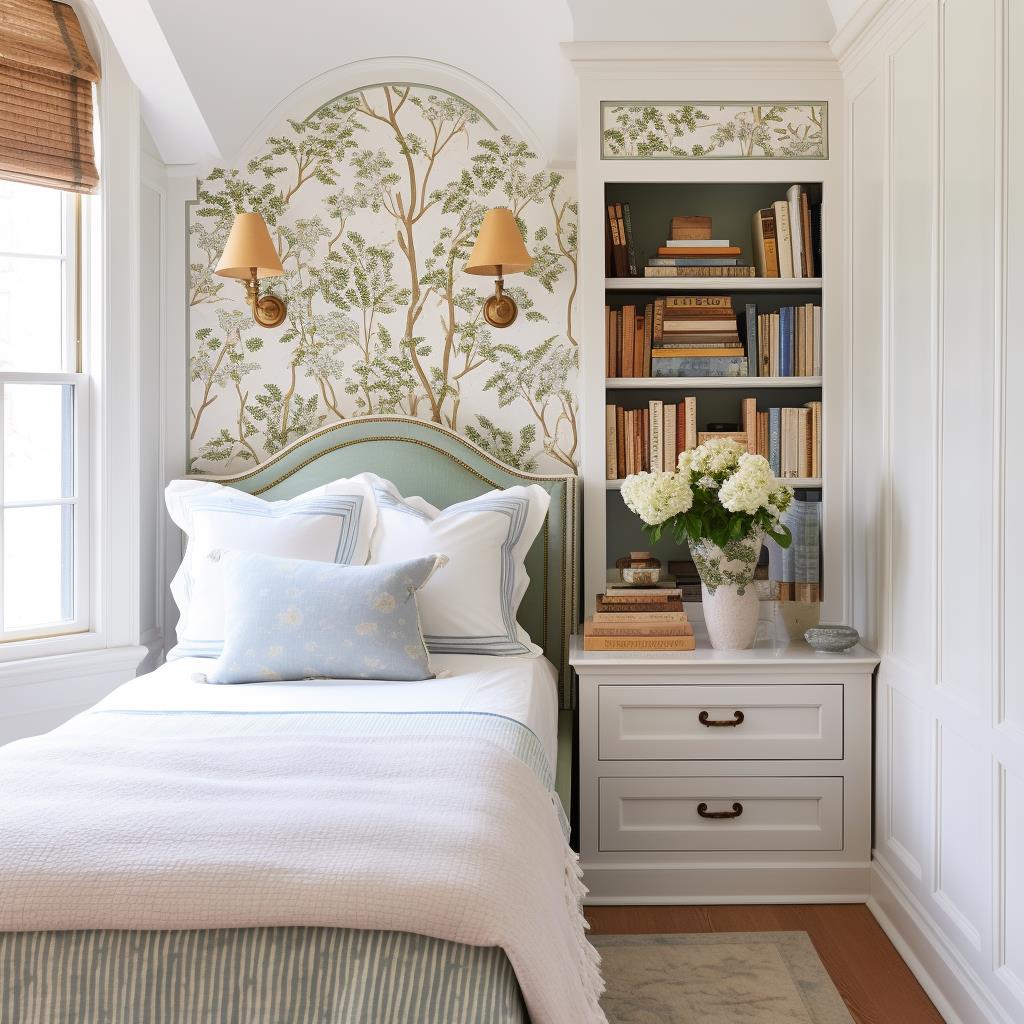 A cottage bedroom with built-in cabinet.