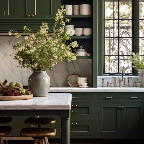 A luxury green kitchen with kitchen island.