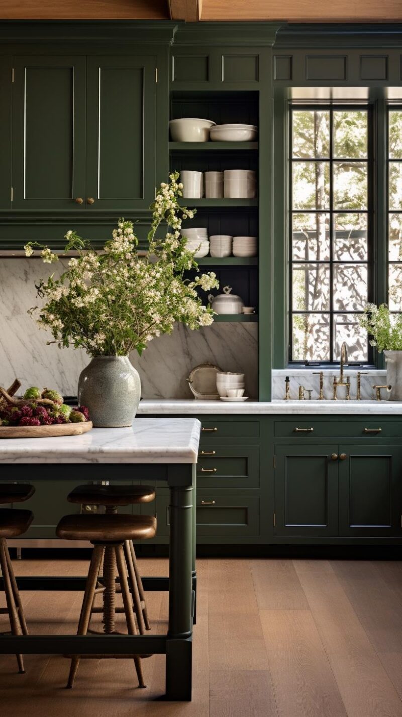 A luxury green kitchen with kitchen island.