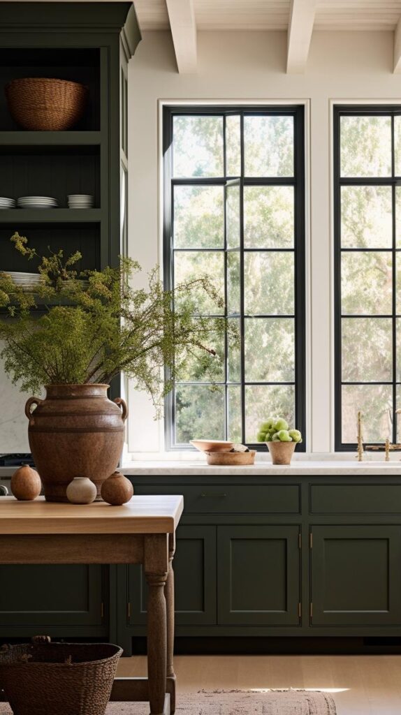 A luxury dark green modern country farmhouse kitchen.