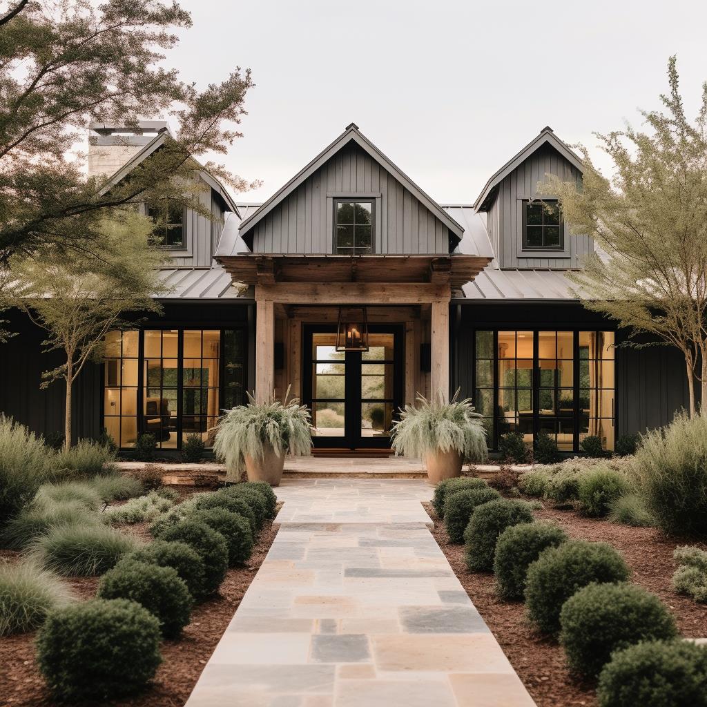 A gray and black modern country farmhouse exterior.