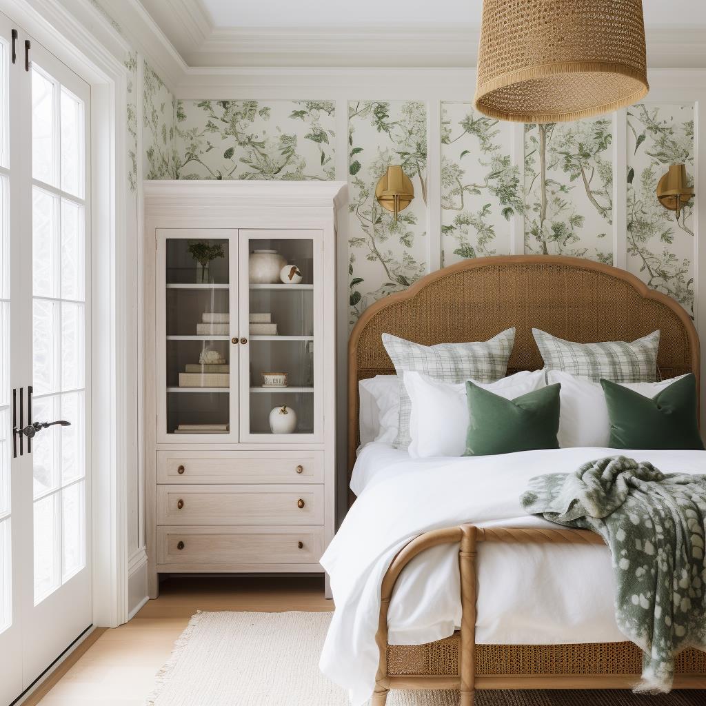 A green and white cottage bedroom.