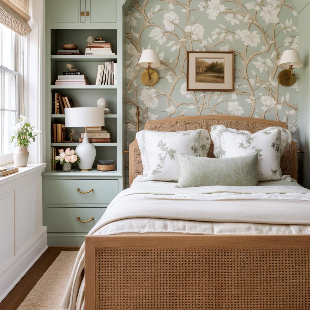 A green English cottage bedroom.