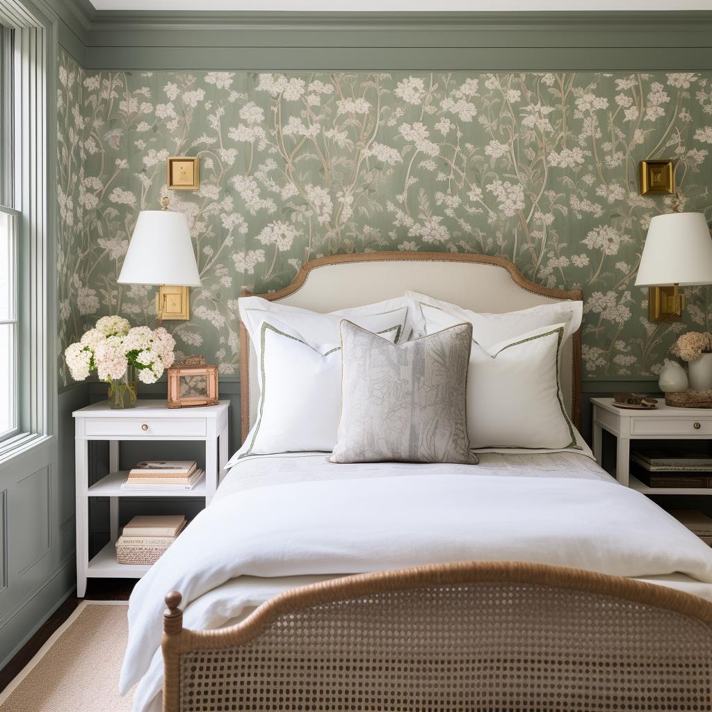 A green English cottage bedroom with wallpaper.