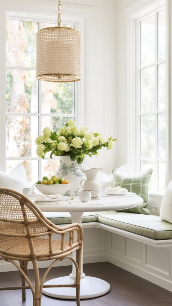 A green modern farmhouse breakfast nook.