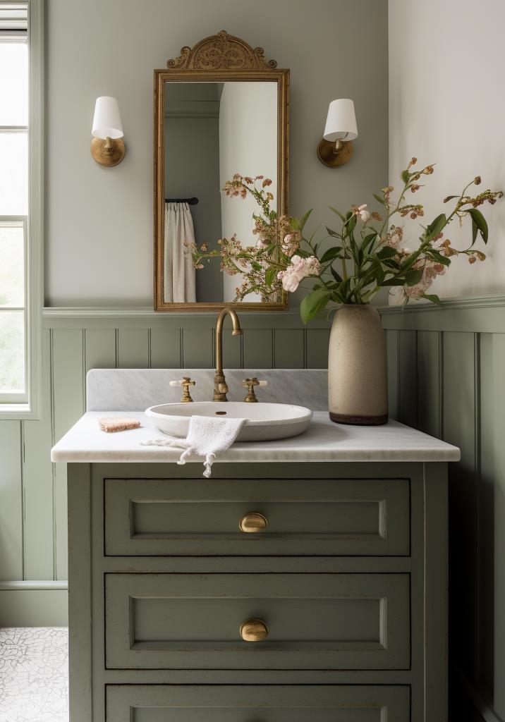 A green modern farmhouse powder room.