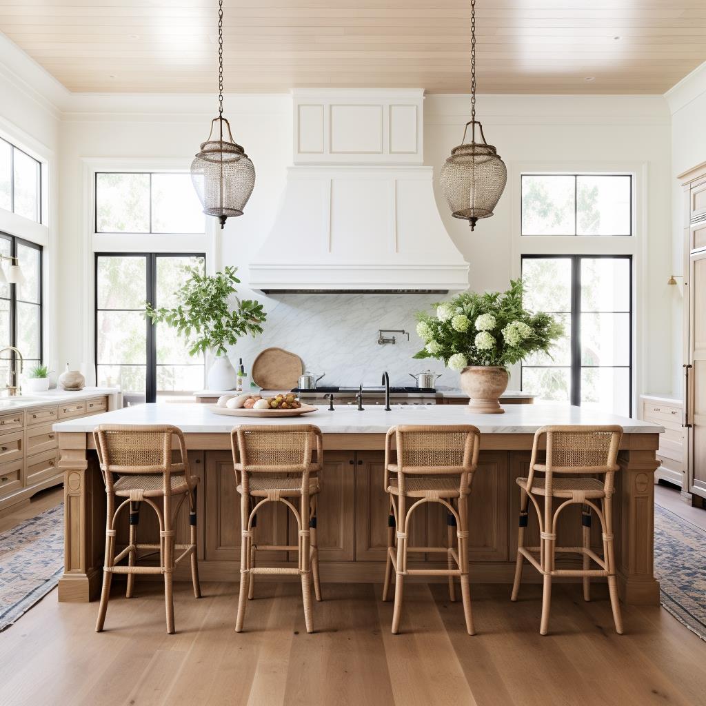 A large coastal kitchen with kitchen island.