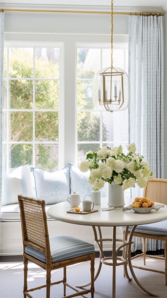 A luxury blue modern farmhouse breakfast nook.