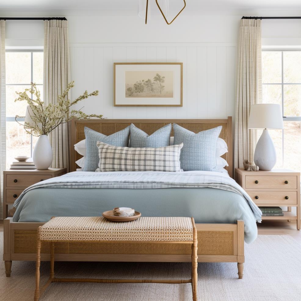 A luxury lake modern farmhouse master bedroom with a natural wood bed.