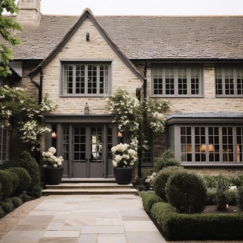 A modern country farmhouse stone home exterior.