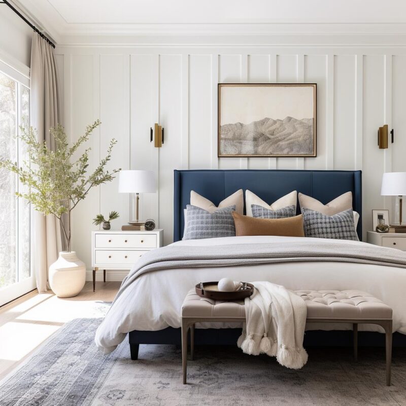 A luxury modern farmhouse bedroom with blue and white bed.