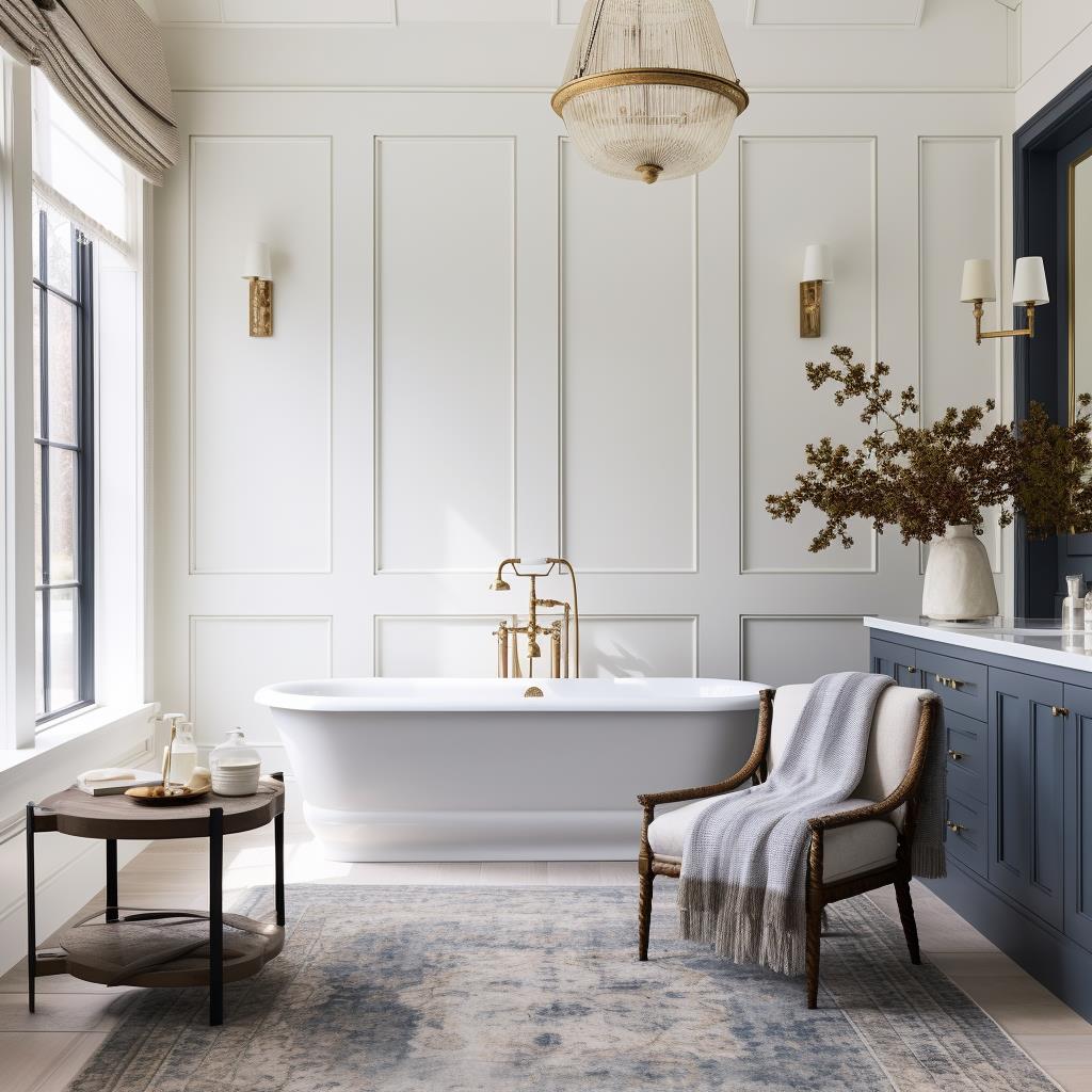 A luxury modern farmhouse master bathroom.