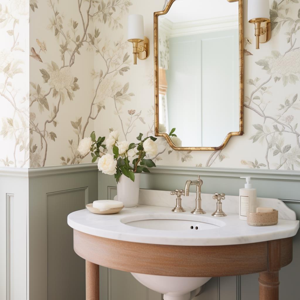 A luxury modern farmhouse powder room with floral wallpaper.