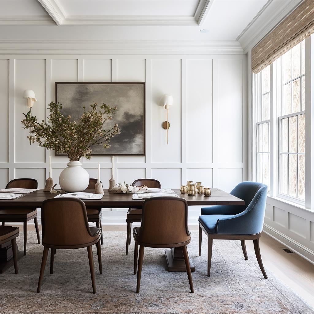 A luxury white modern farmhouse dining room.