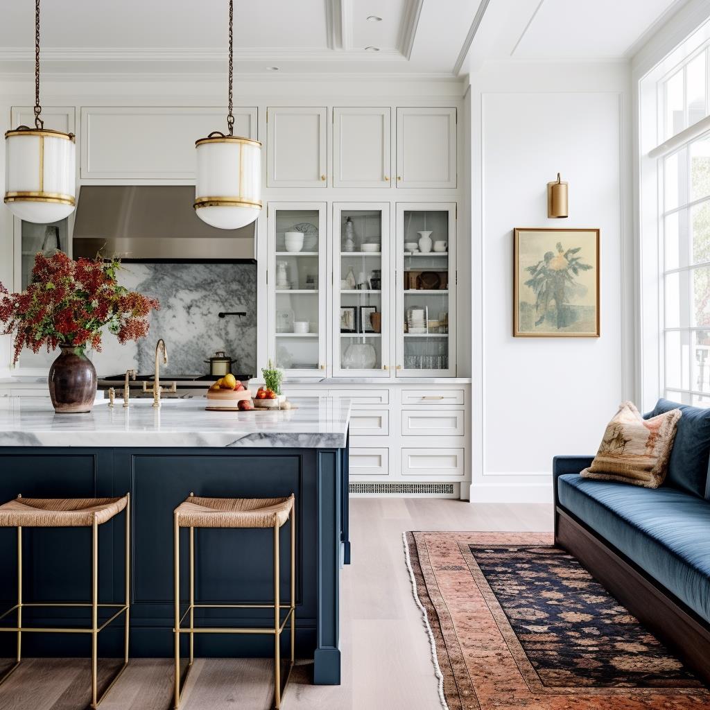 A luxury white modern farmhouse kitchen with blue kitchen island.