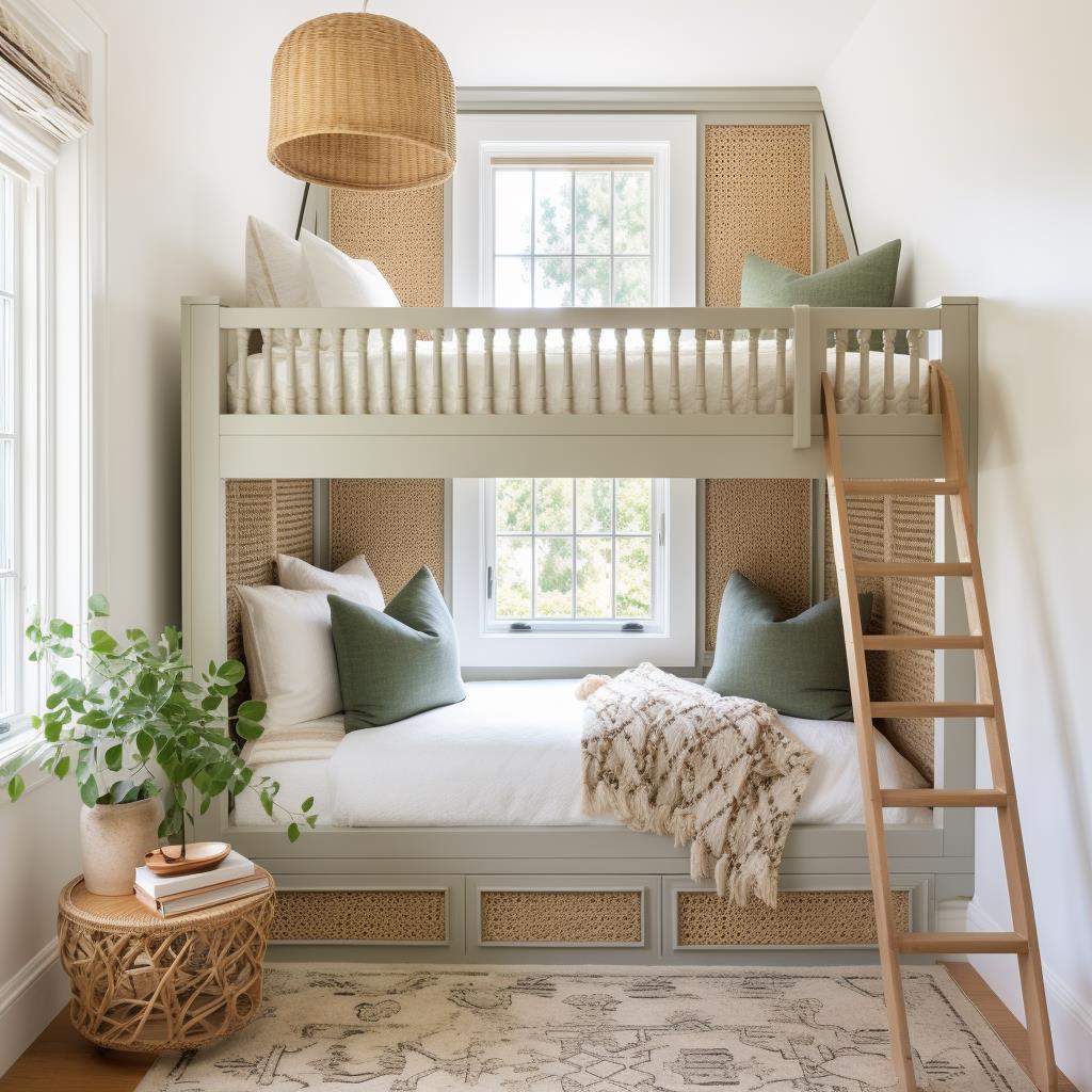 A modern children's bedroom with muted green bunk beds.