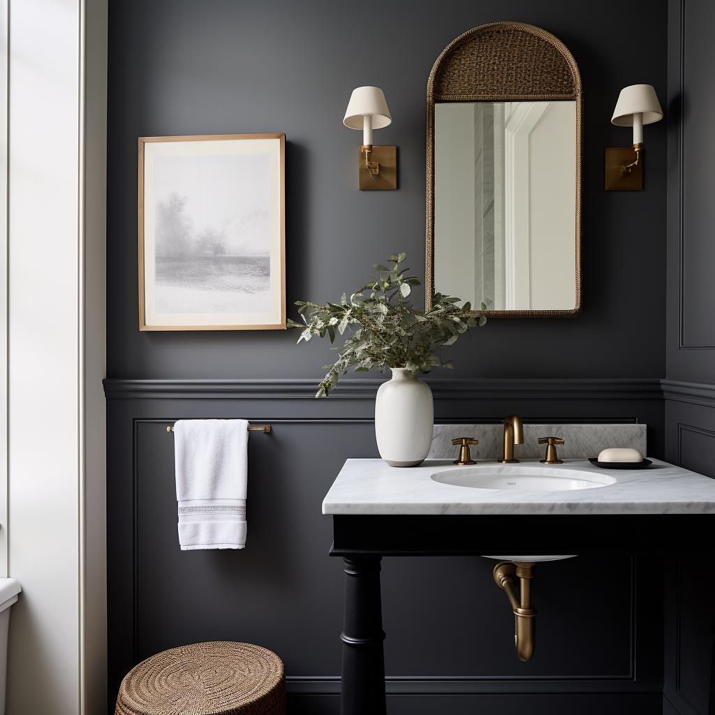 A modern country farmhouse black powder room.