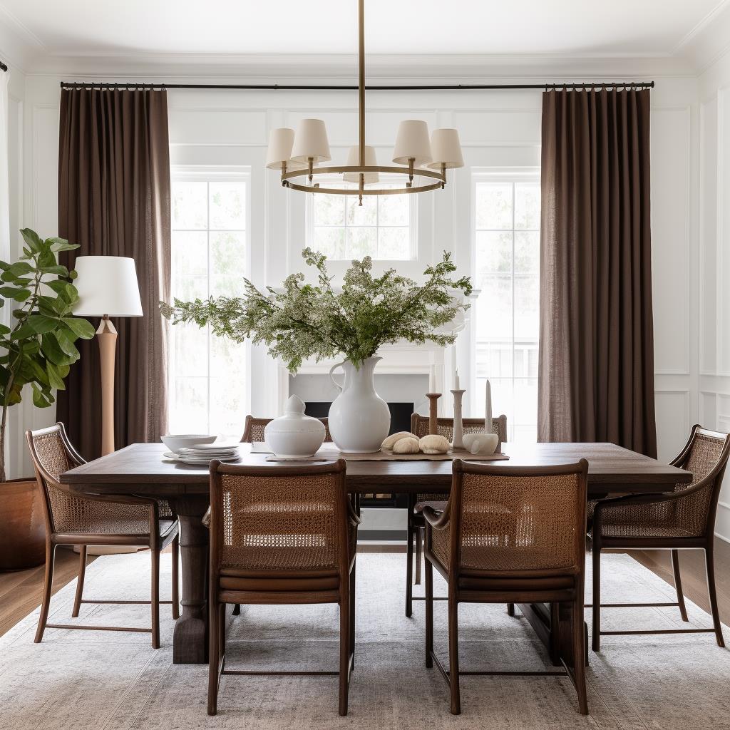 A modern country farmhouse dining room with brown accents.