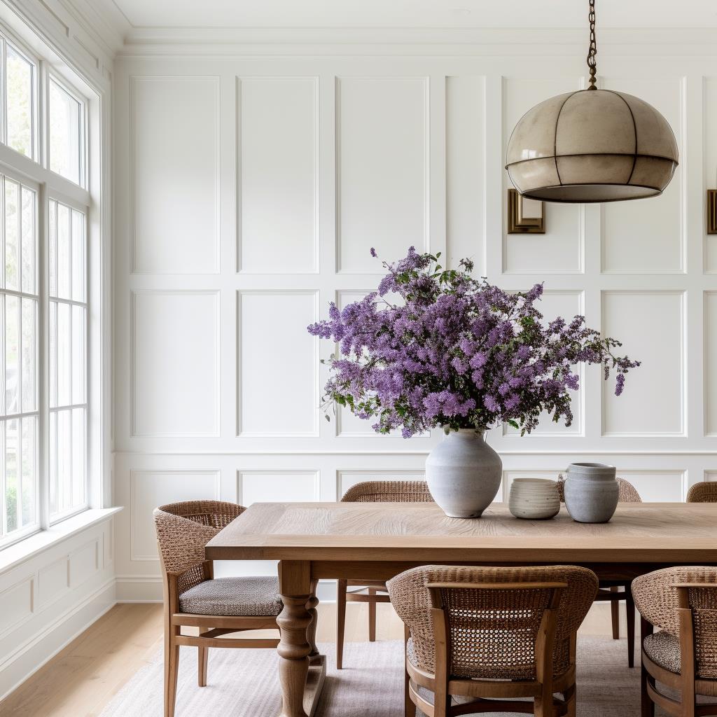 A modern country farmhouse dining room with a farmhouse dining table.