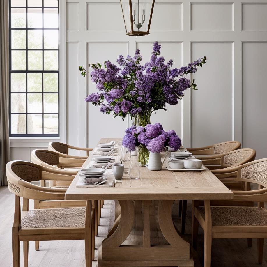 A modern country farmhouse dining room with a natural wood dining table.