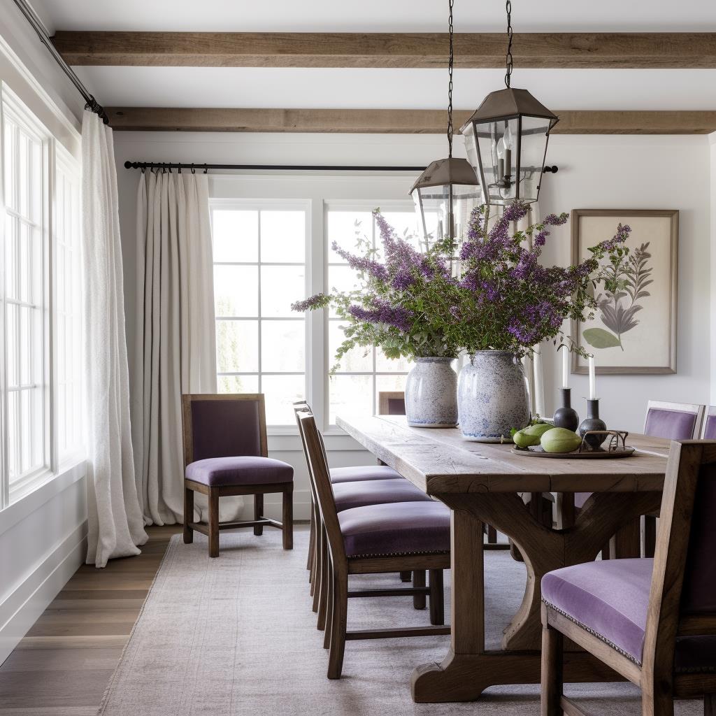 A modern country farmhouse dining room with purple velvet dining chairs.