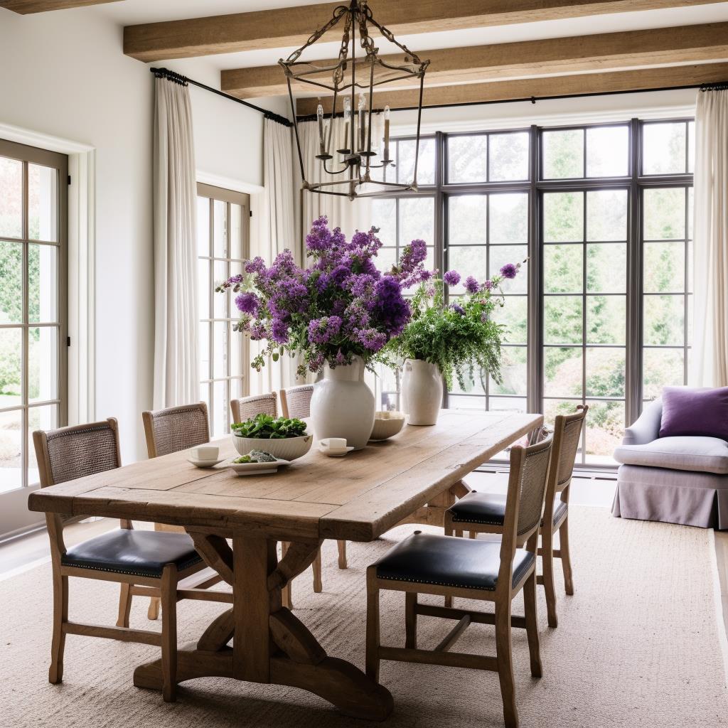 A modern country farmhouse dining room with a rustic dining table.