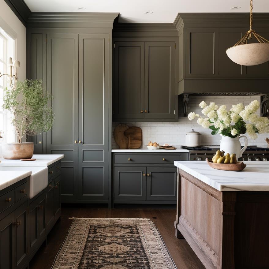 A modern country farmhouse kitchen with brown cabinets.