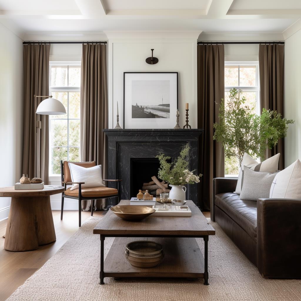 A modern country farmhouse living room with brown accents.