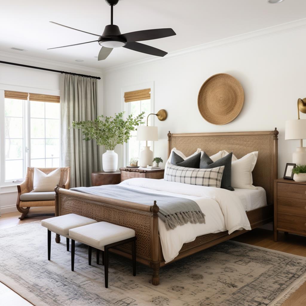 A modern country farmhouse master bedroom.