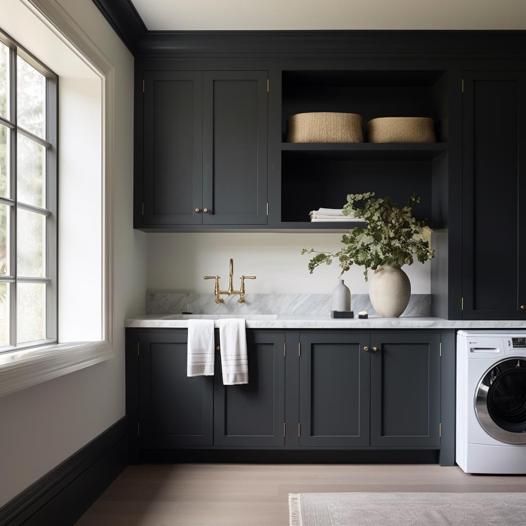 A modern farmhouse black laundry room.