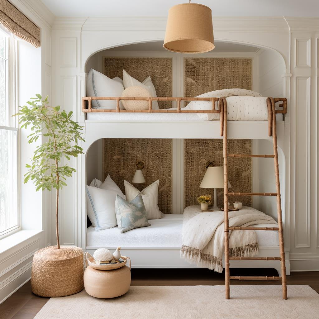 A modern farmhouse guest room with built-in bunk beds.