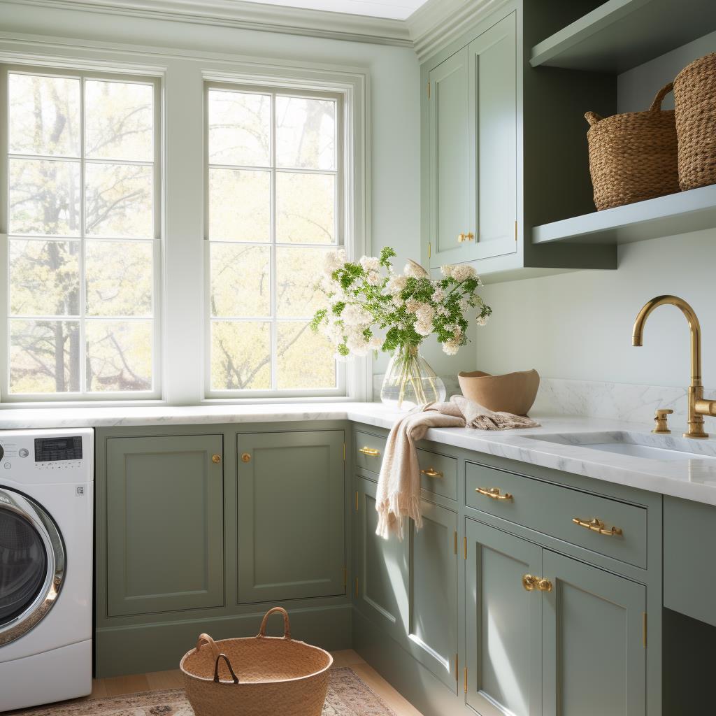 A modern farmhouse green laundry room.