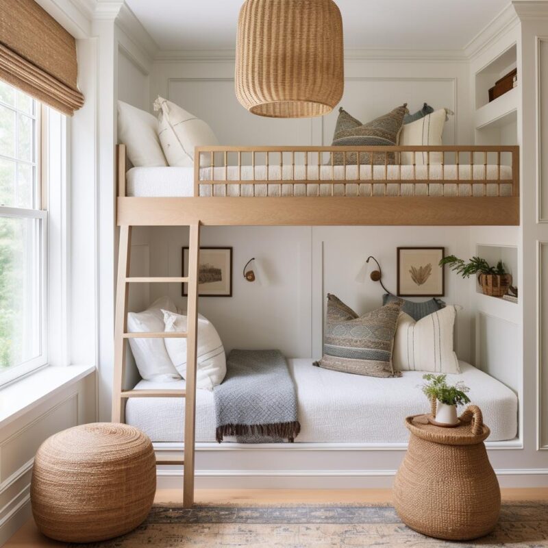 A modern farmhouse guest room with bunk beds.