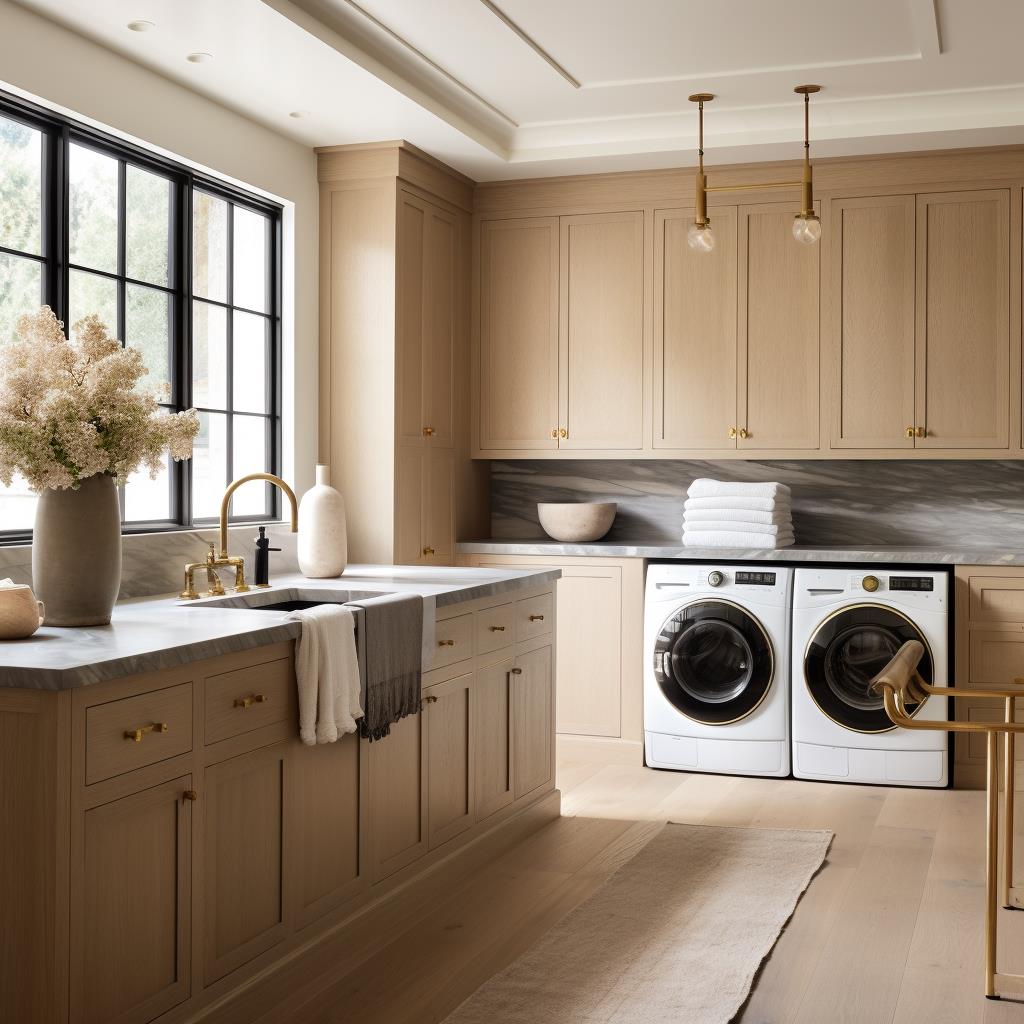 A modern farmhouse laundry room with natural wood cabinets.