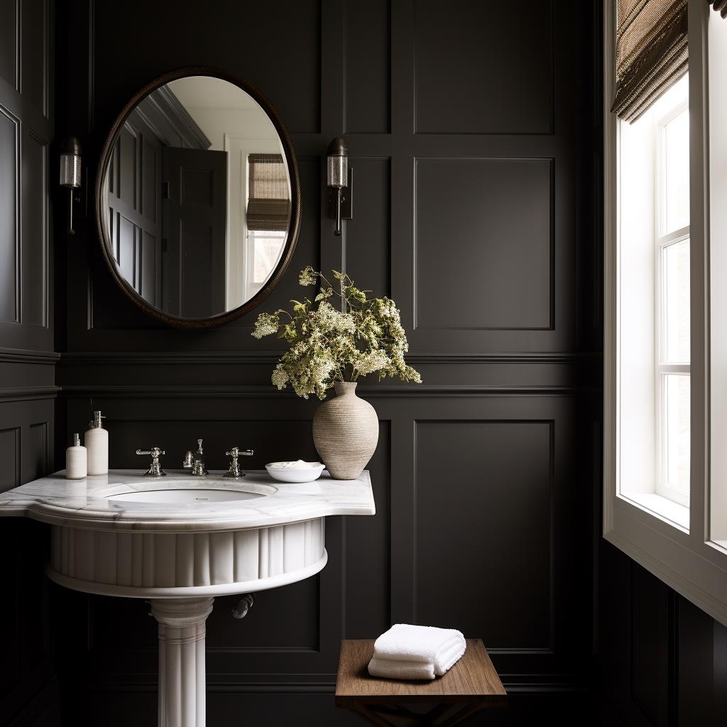 A moody black modern farmhouse powder room.