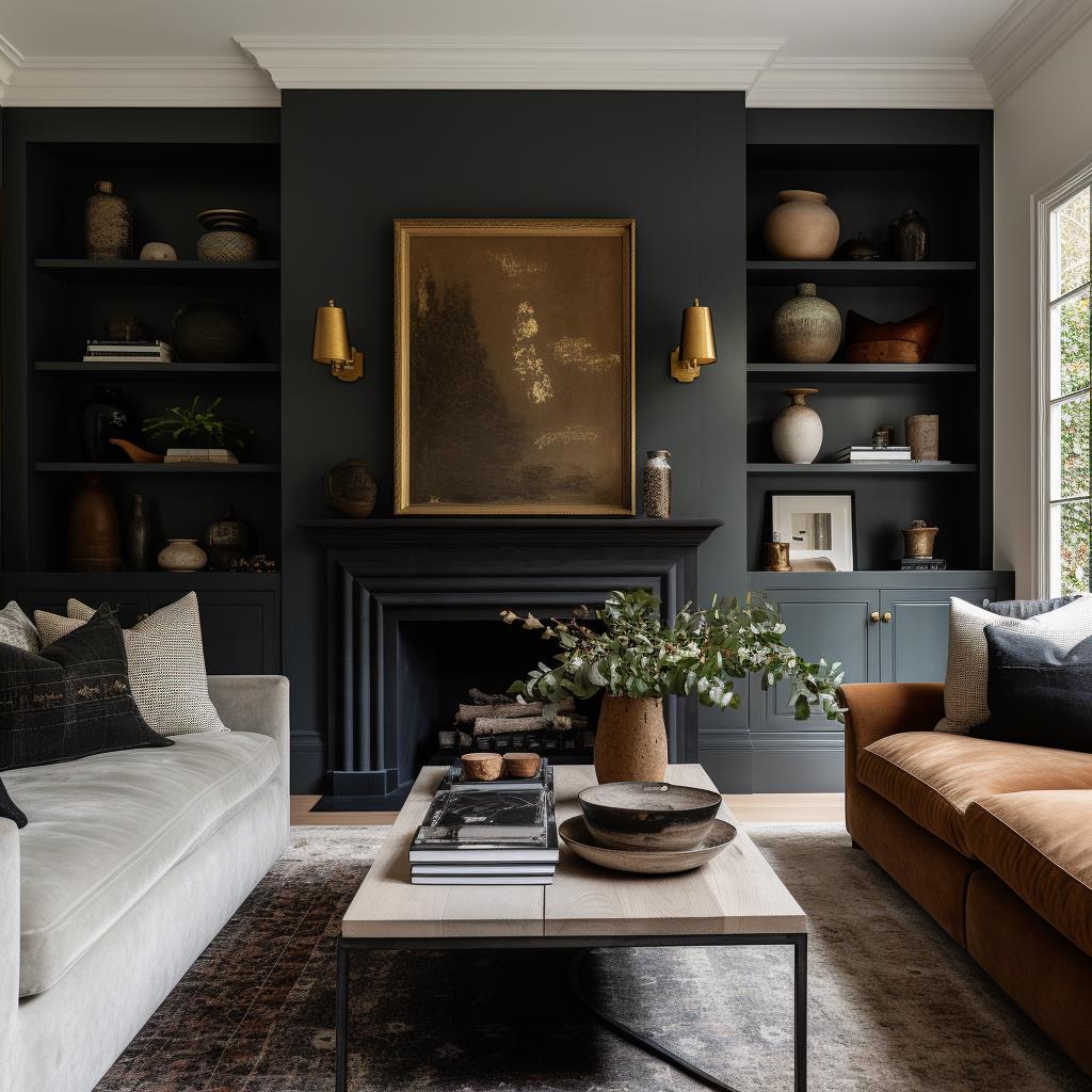 A moody modern farmhouse living room.