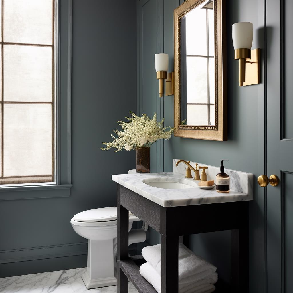 A moody modern farmhouse powder room with deep teal walls.