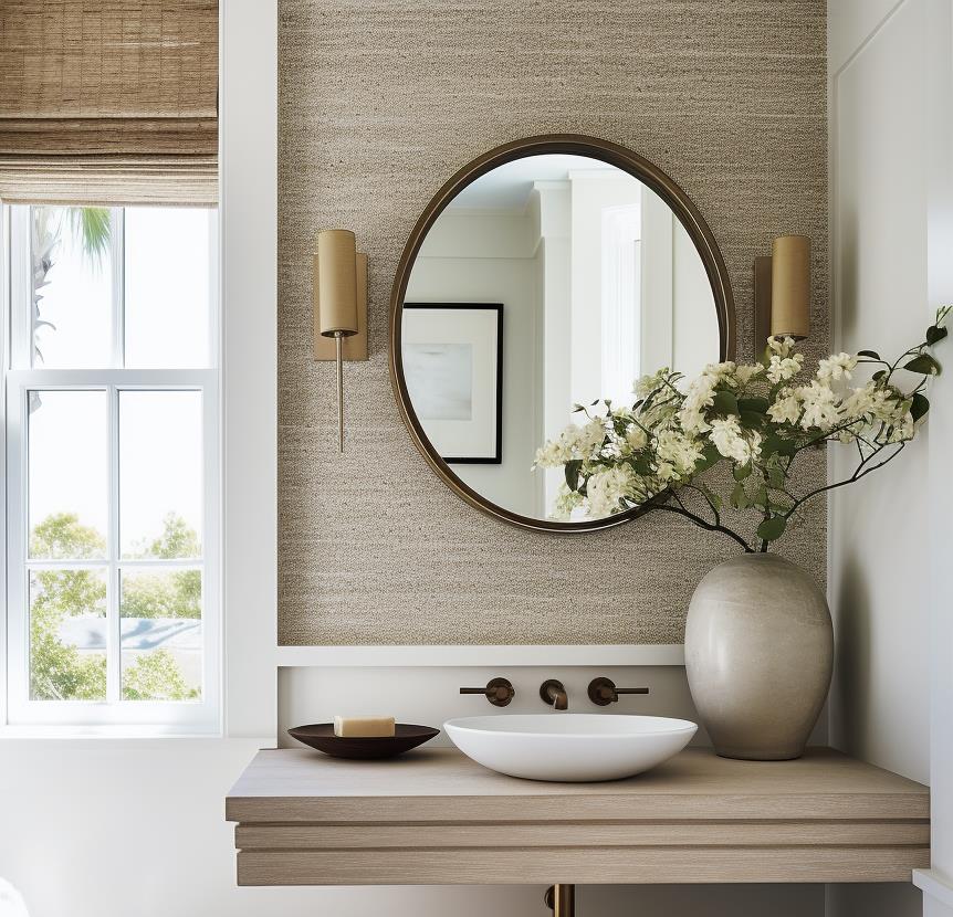 A neutral tone transitional modern farmhouse powder room.